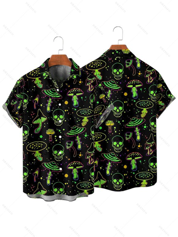 Chemise Décontractée Champignon Crâne Imprimés à Manches Courtes - Noir XL