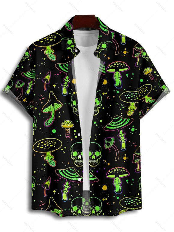 Chemise Décontractée Champignon Crâne Imprimés à Manches Courtes - Noir XL