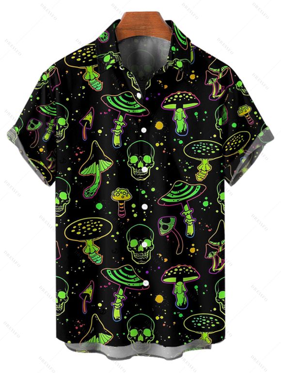 Chemise Décontractée Champignon Crâne Imprimés à Manches Courtes - Noir L