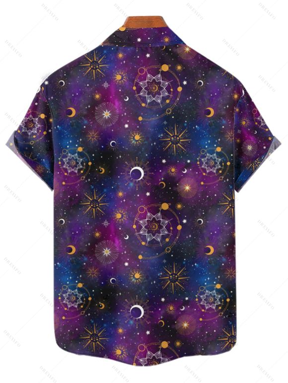Chemise Décontractée Boutonnée Etoile Lune Soleil Galaxie Imprimés à Manches Courtes - Noir 2XL