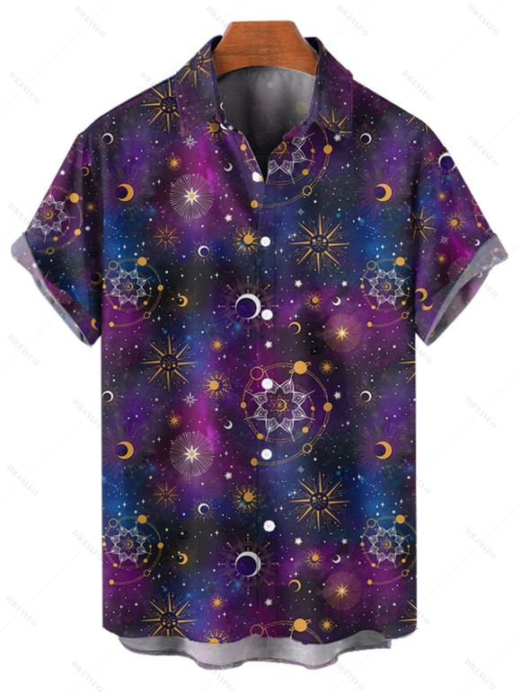 Chemise Décontractée Boutonnée Etoile Lune Soleil Galaxie Imprimés à Manches Courtes - Noir 5XL
