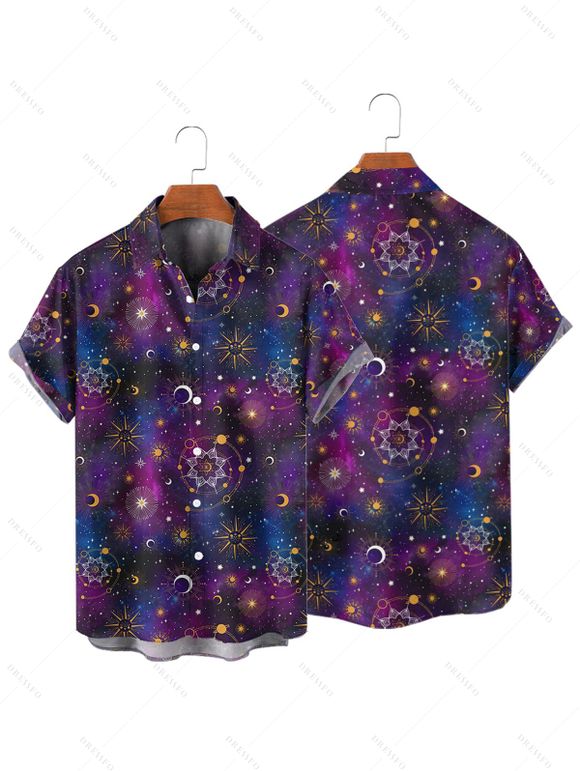 Chemise Décontractée Boutonnée Etoile Lune Soleil Galaxie Imprimés à Manches Courtes - Noir 2XL