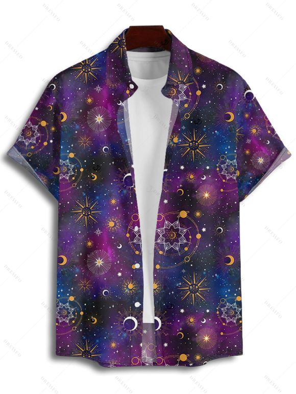 Chemise Décontractée Boutonnée Etoile Lune Soleil Galaxie Imprimés à Manches Courtes - Noir 2XL