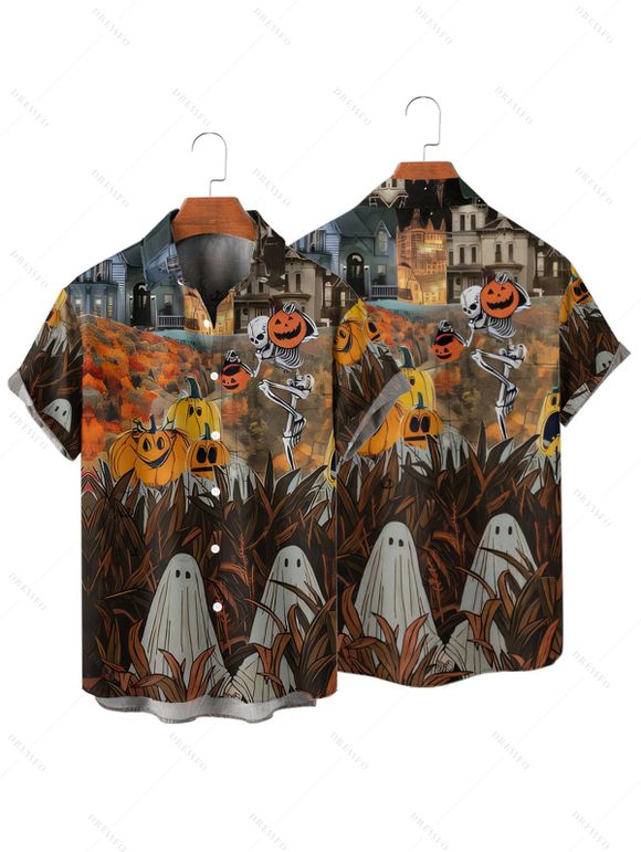 Chemise Décontractée Boutonnée Citrouille Squelette Imprimées à Manches Courtes - Noir 4XL