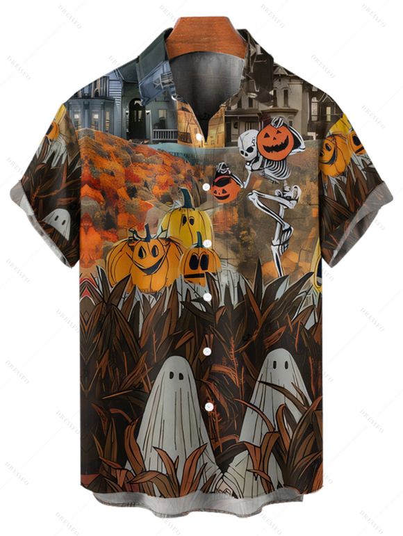 Chemise Décontractée Boutonnée Citrouille Squelette Imprimées à Manches Courtes - Noir 5XL
