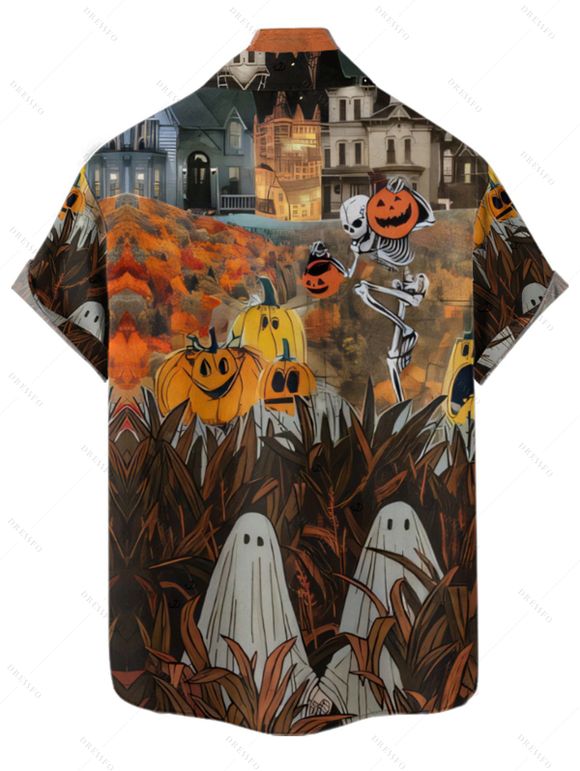 Chemise Décontractée Boutonnée Citrouille Squelette Imprimées à Manches Courtes - Noir 4XL
