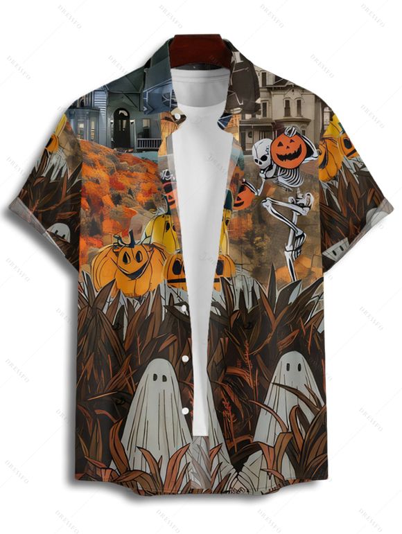 Chemise Décontractée Boutonnée Citrouille Squelette Imprimées à Manches Courtes - Noir 4XL