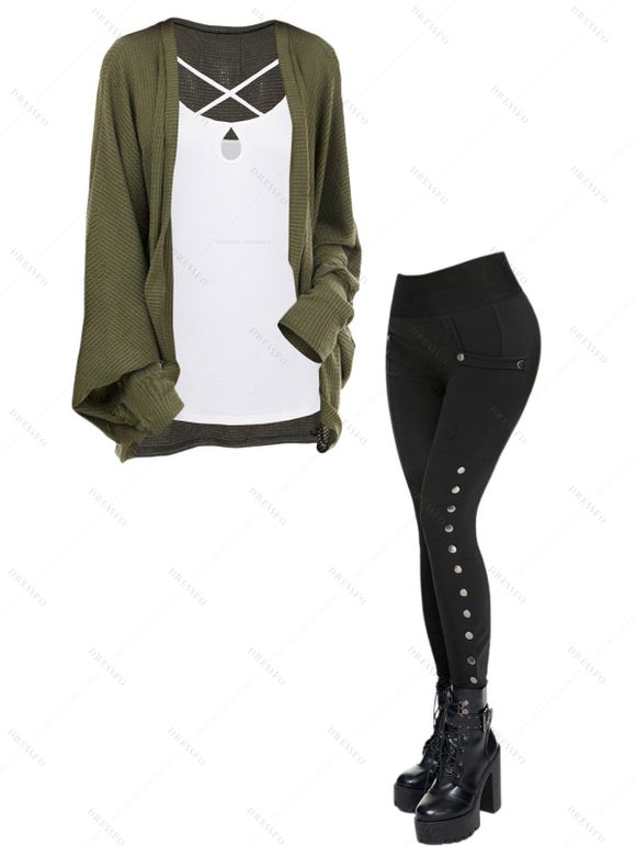 Women Outfit Crisscross Tank Top Open Front Top and Snap Button Pants Set - Vert Armée S | US 4