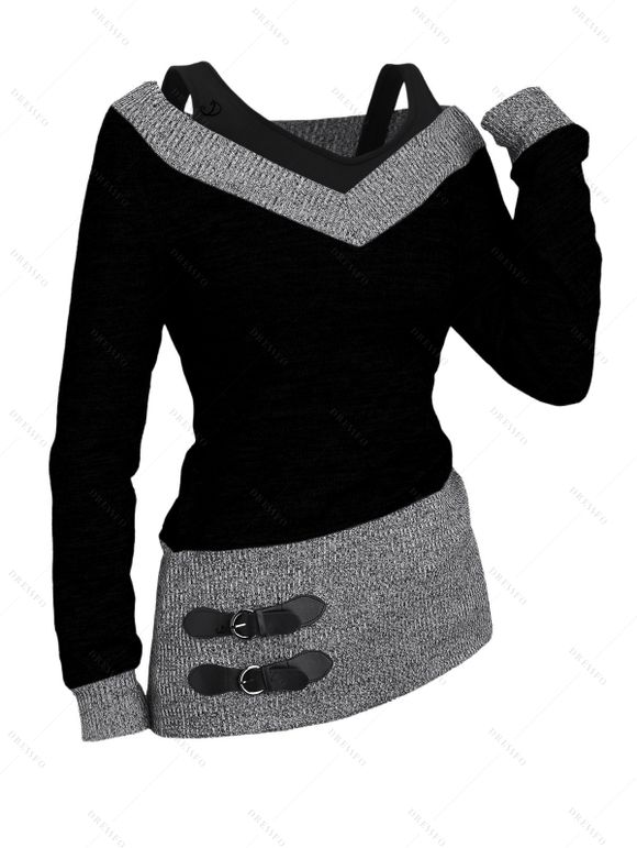 Haut 2 en 1 texturé à manches longues et col en V en similicuir chiné - Noir XXL | US 14