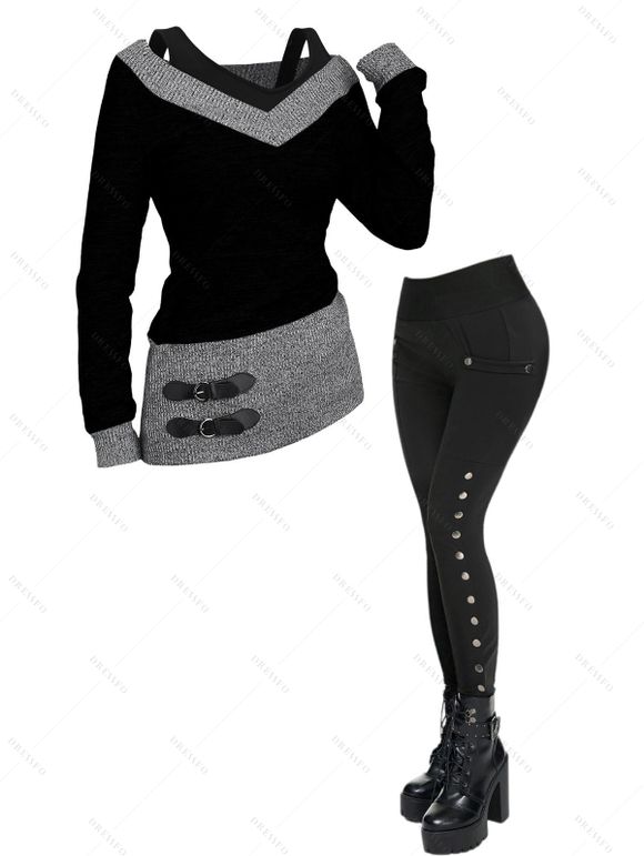 Women Daily Outfit Textured Space Dye Buckle Faux Twinset Top and Snap Button Pants Set - Noir S | US 4