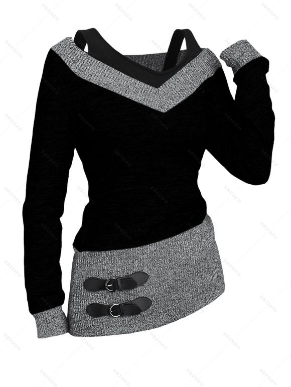 Women Daily Outfit Textured Space Dye Buckle Faux Twinset Top and Snap Button Leggings Set - Noir S | US 4