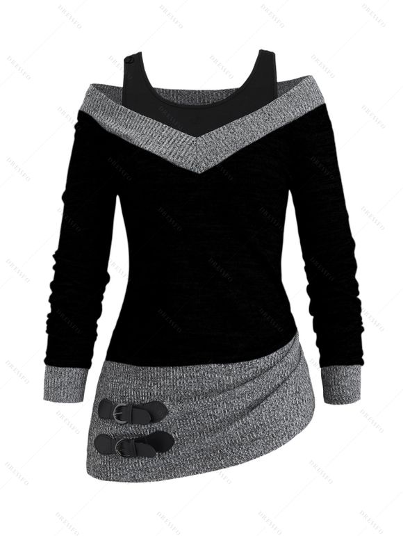 Women Daily Outfit Textured Space Dye Buckle Faux Twinset Top and Snap Button Leggings Set - Noir S | US 4