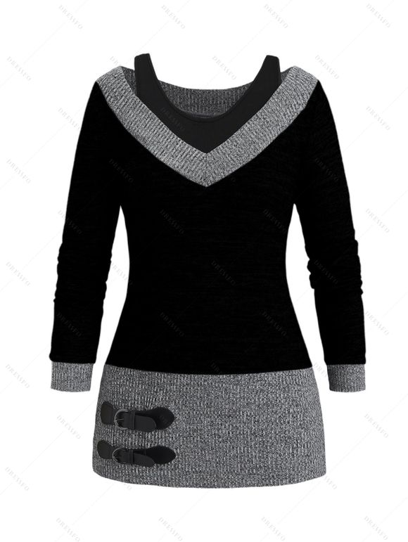 Women Daily Outfit Textured Space Dye Buckle Faux Twinset Top and Snap Button Leggings Set - Noir S | US 4