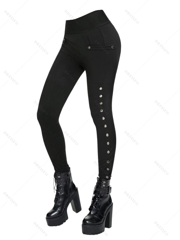 Women Daily Outfit Textured Space Dye Buckle Faux Twinset Top and Snap Button Leggings Set - Noir S | US 4