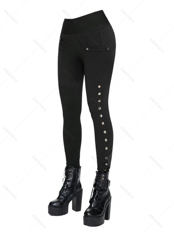 Women Daily Outfit Textured Space Dye Buckle Faux Twinset Top and Snap Button Leggings Set - Noir S | US 4