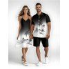 Vacation Couple Outfit Ombre Coconut Tree Print Spaghetti Strap A Line Tank Dress and Roll Up Sleeve Shirt Solid Color Drawstrings Beach Shorts Matching Outfit - Noir S | US 4