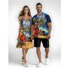Vacation Couple Outfit Parrot Letter Beach Landscape Pattern Spaghetti Strap Mini Tank Dress and Roll Up Sleeve Shirt Beach Matching Outfit - Bleu S | US 4