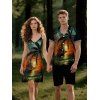 Vacation Couple Outfit for Beach Coconut Tree Sunset Print Mini Dress and Shirt Matching Set - Orange S | US 4