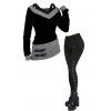 Women Daily Outfit Textured Space Dye Buckle Faux Twinset Top and Snap Button Pants Set - Noir S | US 4