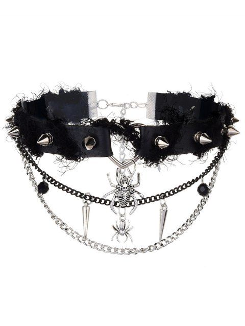 Collier ras du cou punk avec pendentif araignée et rivets en forme de cœur