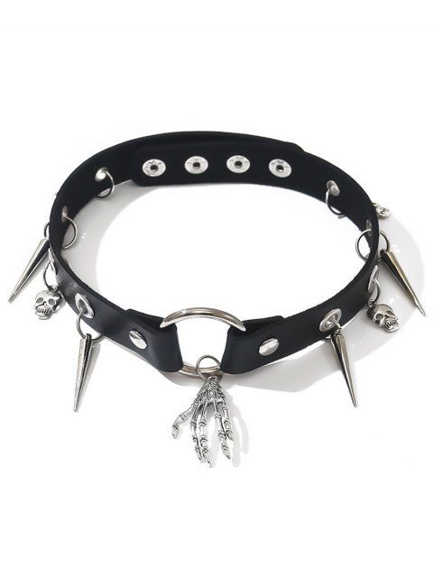 Collier ras du cou gothique avec pendentif tête de mort et rivets en forme de main de squelette