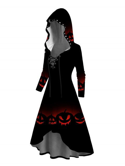 Robe à capuche gothique d'Halloween à lacets et imprimé citrouille grimaçante