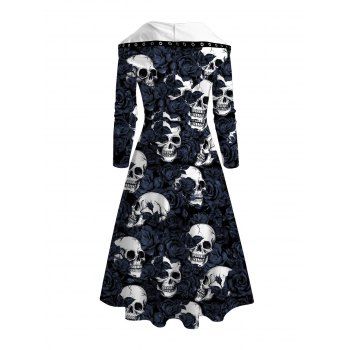 Gothic Hoodie Dress Skull Rose Print Lace Up High Low Dress