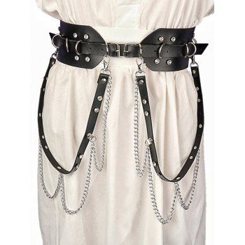 Punk Belt Buckle Strap Rhinestone Chain Embellishment PU Belt