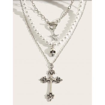 3 pcs Layer Necklace Skull Cross Pendant Faux Pearl Gothic Necklace
