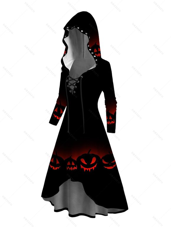 Robe à capuche gothique d'Halloween à lacets et imprimé citrouille grimaçante - Noir XXL | US 14