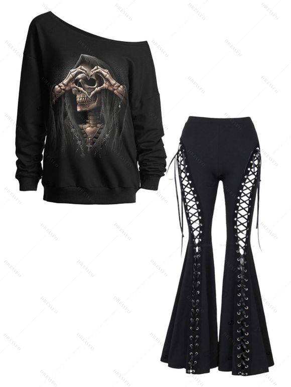 Gothic Outfit Skull Skeleton Hand Print Sweatshirt and Lace Up Flare Pants Set - Noir S | US 4