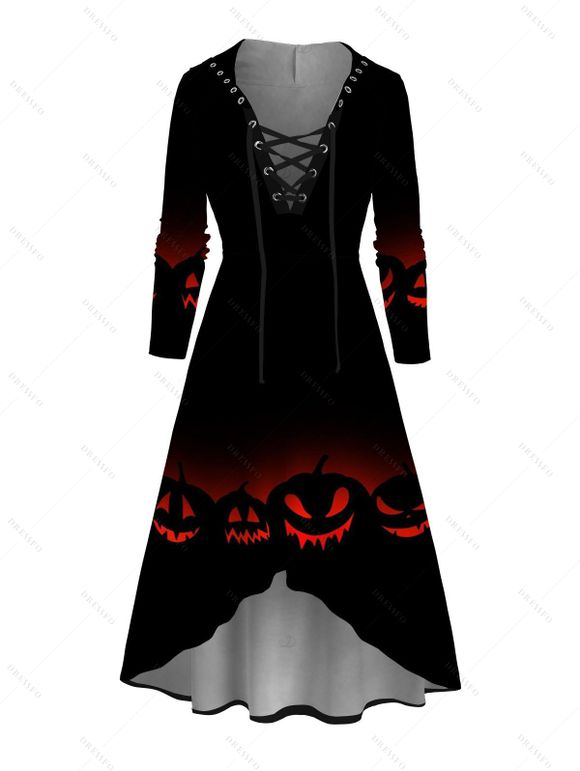 Robe à capuche gothique d'Halloween à lacets et imprimé citrouille grimaçante - Noir XL | US 12