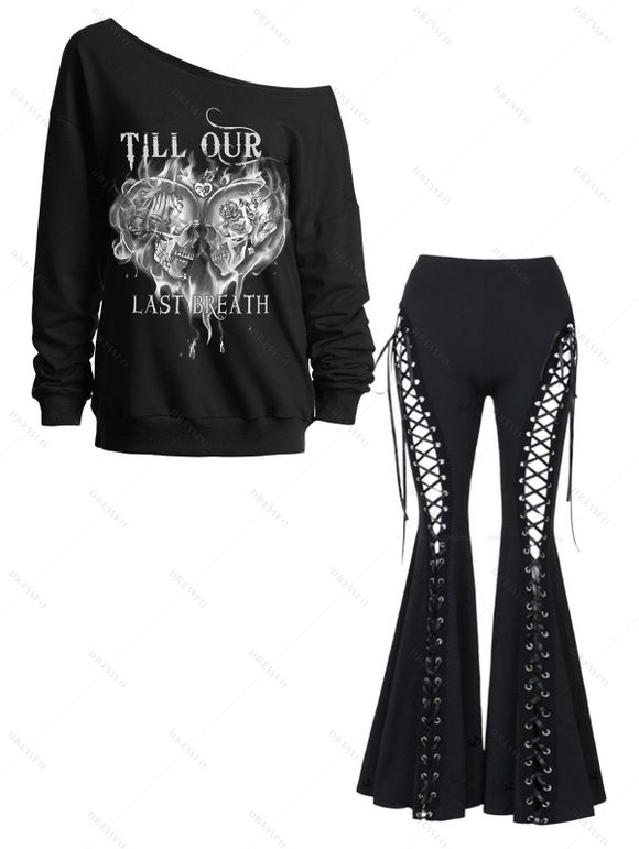 Gothic Outfit Skulls Heart Letter Print Sweatshirt and Lace Up Flare Pants Set - Noir S | US 4