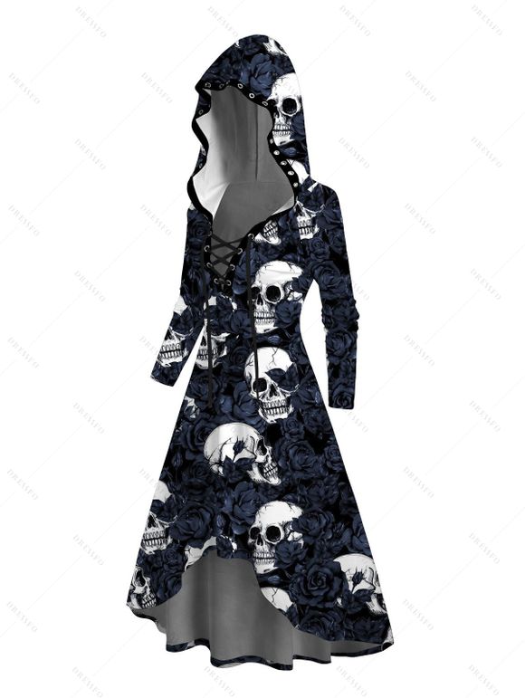 Robe gothique à capuche, imprimé tête de mort et roses, à lacets, coupe haute et basse - Bleu de Minuit S | US 4