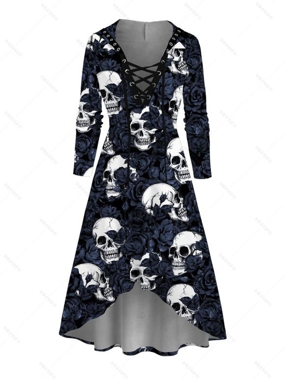Robe gothique à capuche, imprimé tête de mort et rose, à lacets, coupe haute et basse - Bleu de Minuit XL | US 12