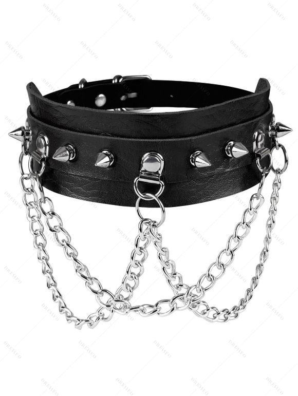 Collier ras du cou punk avec chaîne à rivets et ornements gothiques - Noir 