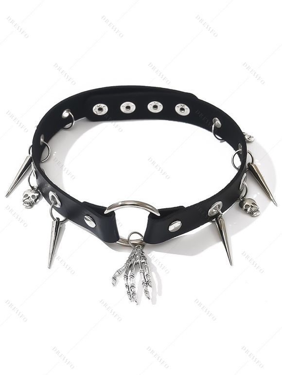 Collier ras du cou gothique avec pendentif tête de mort et rivets en forme de main de squelette - Noir 