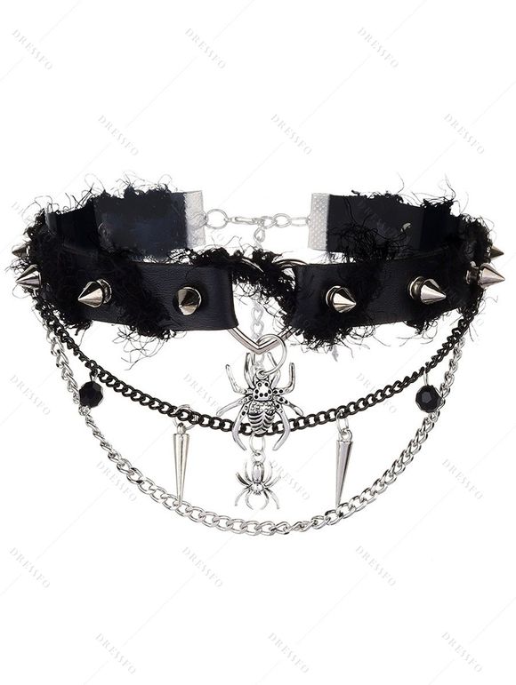 Collier ras du cou punk avec pendentif araignée et rivets en forme de cœur - Noir 