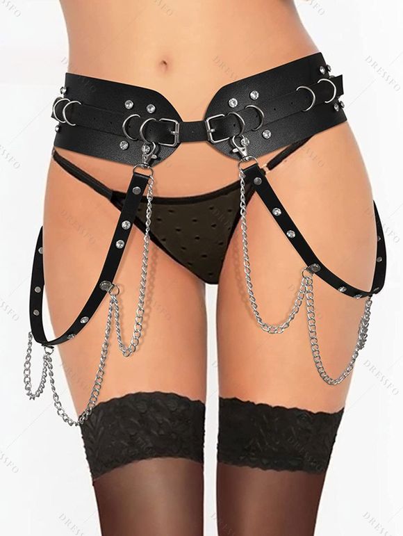 Ceinture punk en PU avec boucle et chaîne en strass - Noir 
