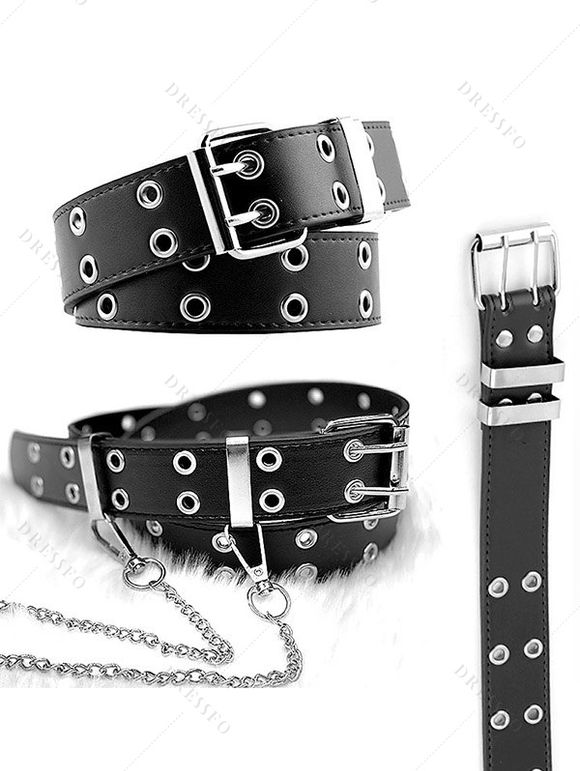 Ceinture punk en PU avec chaîne et œillets décoratifs - Noir 