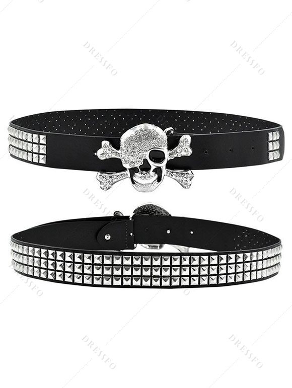 Ceinture gothique en PU avec rivets et strass, style punk - Noir 