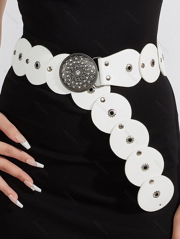 Ceinture vintage en PU avec rivets géométriques et strass floraux - Blanc 