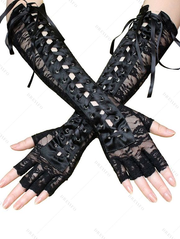 Gants gothiques à lacets avec empiècement en dentelle et sans doigts - Noir 