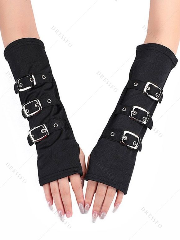 Gants d'avant-bras punk avec boucle et sangle, gants de fête sans doigts - Noir 