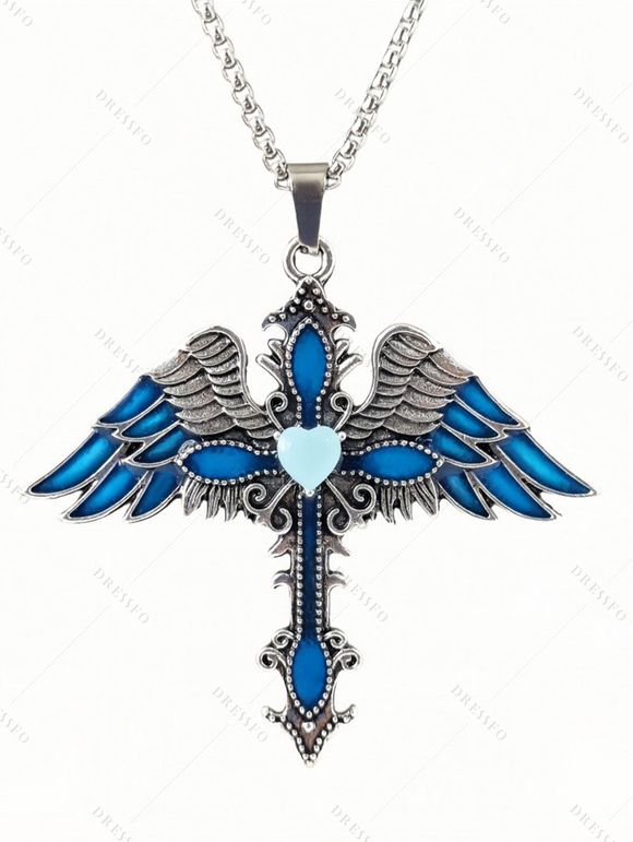 Collier gothique avec pendentif croix et ailes, collier lumineux nocturne - Bleu 