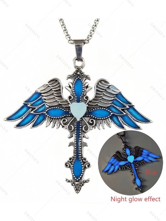 Collier gothique avec pendentif croix et ailes, collier lumineux nocturne - Bleu 
