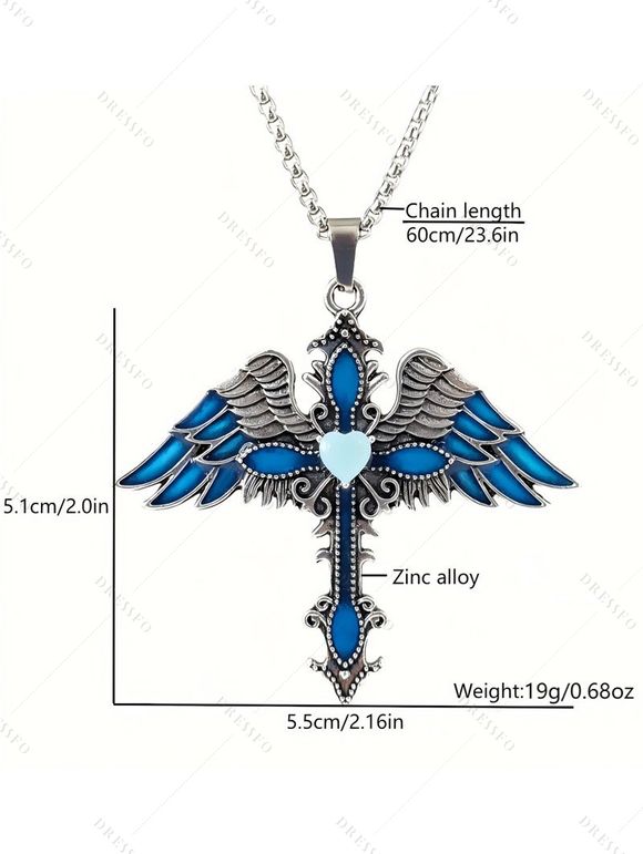 Collier gothique avec pendentif croix et ailes, collier lumineux nocturne - Bleu 