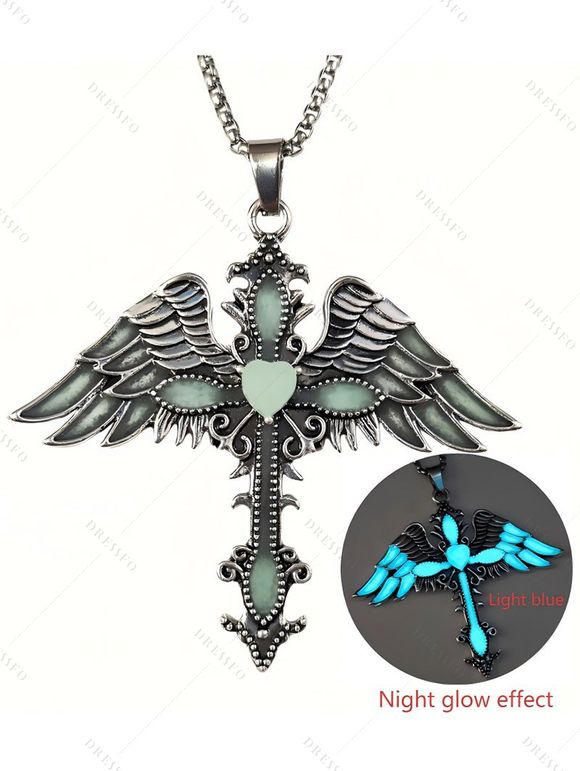 Collier gothique avec pendentif croix et ailes, collier lumineux nocturne - Turquoise Foncée 