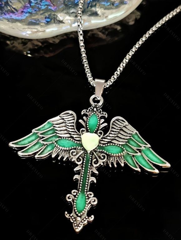Collier gothique avec pendentif croix et ailes, collier lumineux nocturne - Vert 
