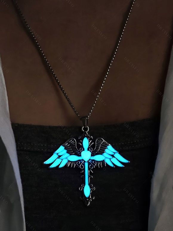 Collier gothique avec pendentif croix et ailes, collier lumineux nocturne - Turquoise Foncée 